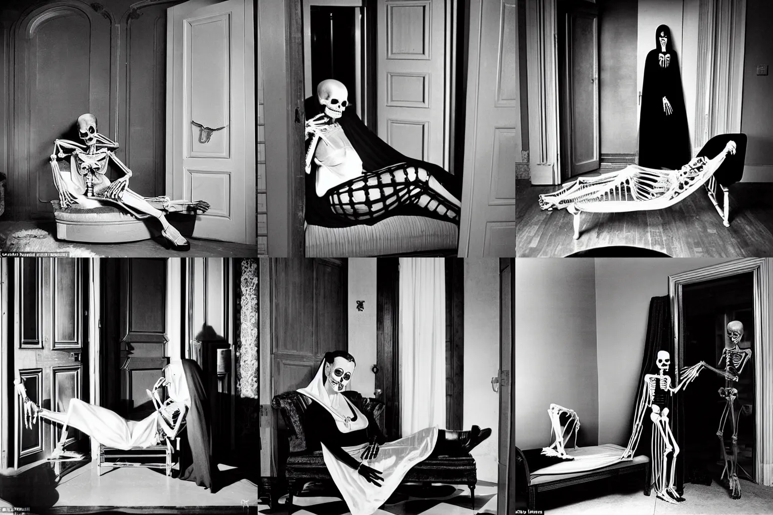 Prompt: photographic. room with a door. elegant 1940s diva sensually laying on a chaise longue having a martini in a hand. human skeleton wearing a hooded cape and black robe enters the room through the door