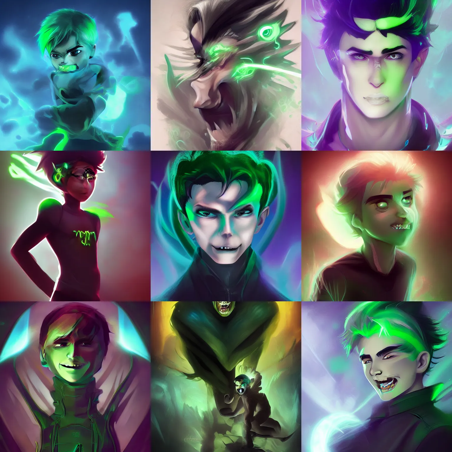 Prompt: A digital matte intricate illustration concept art of young Danny phantom with glowing green eyes and sharp teeth fangs alt art fashion inspired art by Charlie Bowater and Artgerm and Mark Arian and Ross Tran + neon colors, symmetry , intricate complexity, epic composition, magical atmosphere, highly detailed, cinematic lighting + masterpiece, trending on artstation + 8k