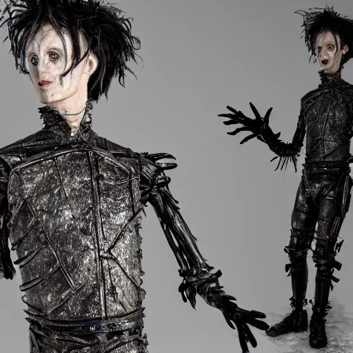 Image similar to full body pose, hyperrealistic photograph of edward scissorhands, dim volumetric lighting, 8 k, octane beautifully detailed render, extremely hyper detailed, intricate, epic composition, cinematic lighting, masterpiece, trending on artstation, very very detailed, stunning, hdr, smooth, sharp focus, high resolution, award, winning photo, dslr, 5 0 mm