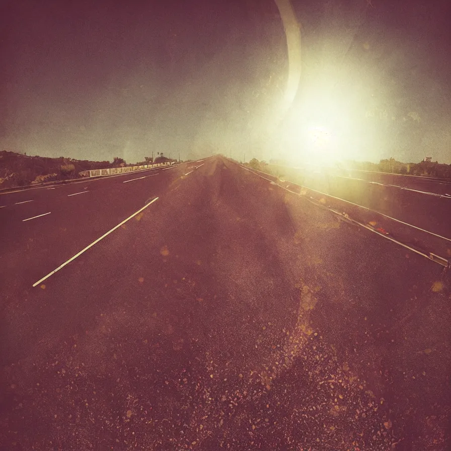 Image similar to atmospheric multiexposure photography of a highway road that is a blood artery leading to the heart sun. carefree vibes.