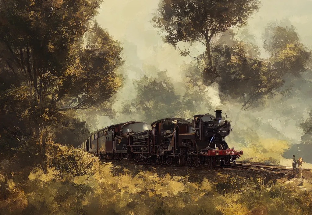 Image similar to a 1 9 th century steam train in a stunning landscape by ismail inceoglu, oil on canvas big brushstrokes, line art, winning - award masterpiece, fantastic, octane render, 8 k hd resolution, high quality image