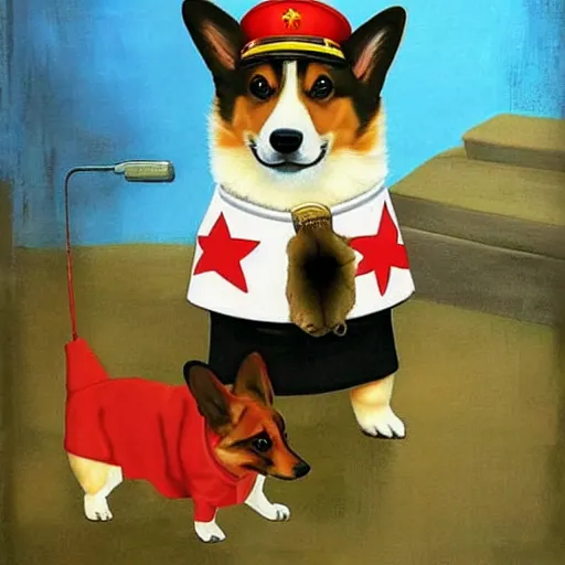 Image similar to corgi dog as communist dictator painting, soviet propagandy style