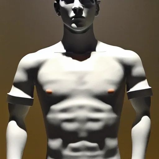 Image similar to “ a realistic detailed photo of a guy who is an attractive humanoid who is half robot and half humanoid, who is a male android, soccer player antoine griezmann, shiny skin, posing like a statue, blank stare, at the museum, on display ”