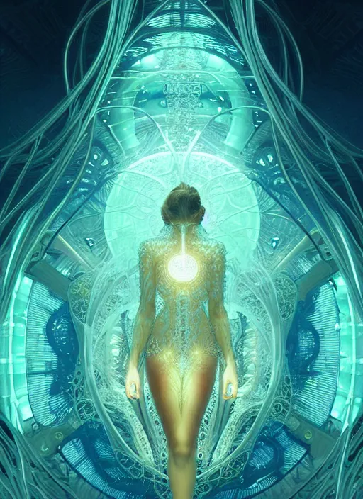 Image similar to fractals!! calm, healing, resting, water, hybrids, tech wear!!!, scifi, glowing lights!! intricate elegant, highly detailed, volumetric, smoke, digital photograph, artstation, concept art, smooth, sharp focus, thin glowing wires, illustration, art by greg rutkowski and alphonse mucha, singularity!!!