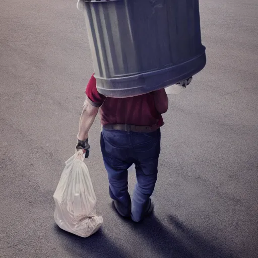 Image similar to portrait of elon musk as a homeless person carrying garbage can, ultra realistic photography, highly detailed, photorealistic, octane render, 8 k, unreal engine