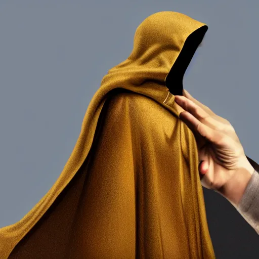 Prompt: an empty cloak with one hand holding a handgun coming out of it, photorealistic, golden hour