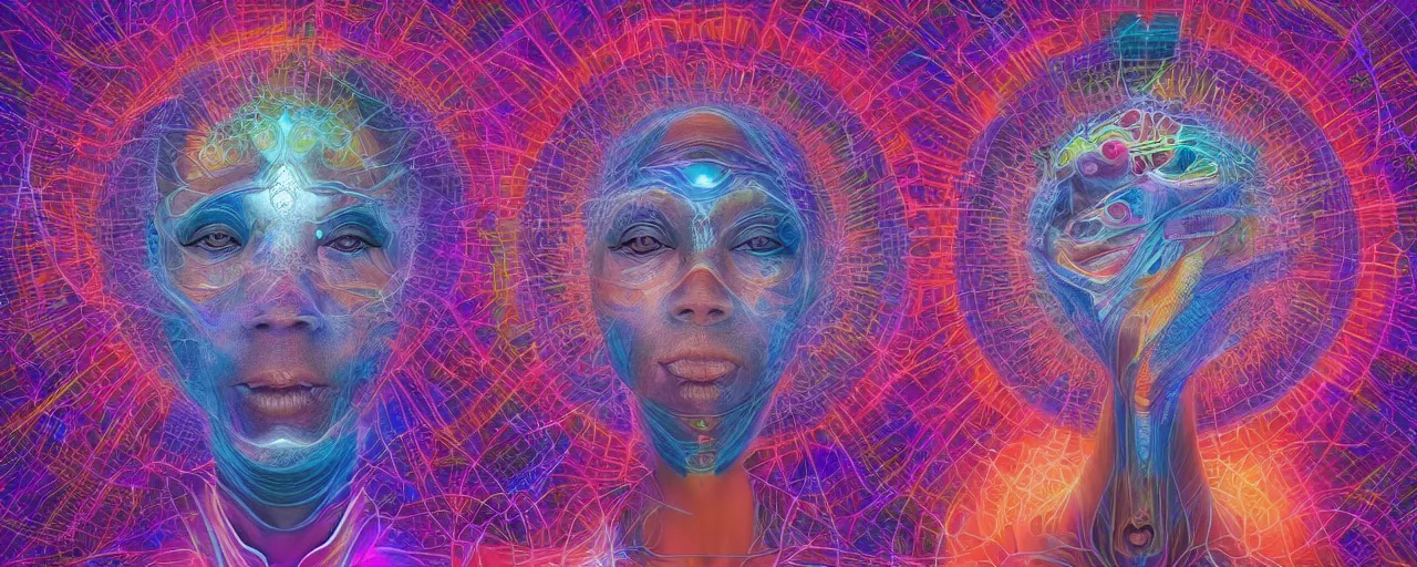 Image similar to transformation, transcendence into collaborative intelligence, endless collaboration with ai, connectedness, body, by alex grey, album cover, award winning, beautiful, colorful, volumetric lighting, trending on artstation, cinematic