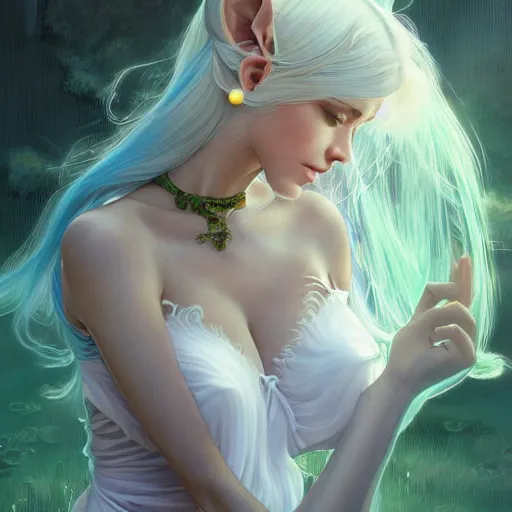 Image similar to ultra realistic illustration, dream girl with white hair, with light green eyes, with cat ears, in a sundress, intricate, elegant, highly detailed, digital painting, artstation, concept art, smooth, sharp focus, illustration, art by artgerm and greg rutkowski and alphonse mucha