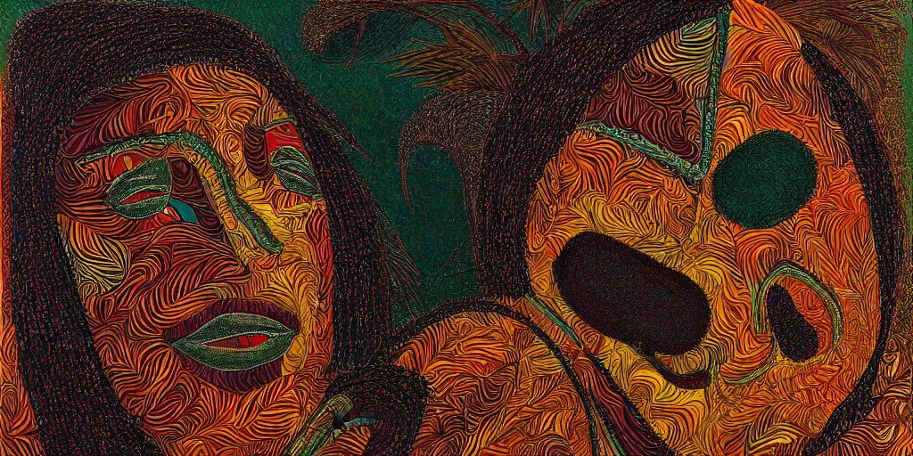 Prompt: an abstract tropical landscape, portrait of a dark - skinned greek god. 2 4 mm, photorealistic, abstract, directed by mati klarwein