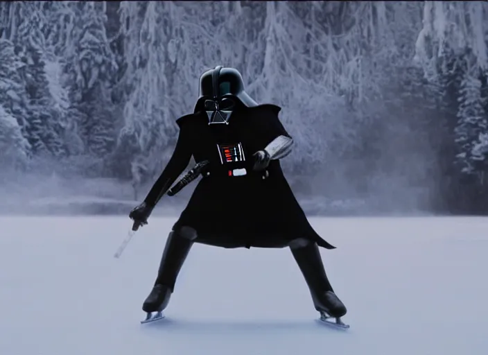 Image similar to film still of Darth Vader goes ice skating in the new Star Wars movie, 4k