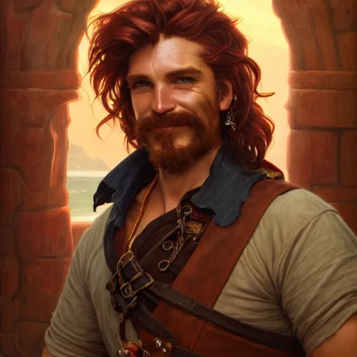 Image similar to portrait of a young ruggedly handsome but cantankerous pirate, male, masculine, upper body, red hair, long hair, d & d, fantasy, giddy smirk, intricate, elegant, highly detailed, digital painting, artstation, concept art, matte, sharp focus, illustration, art by artgerm and greg rutkowski and alphonse mucha