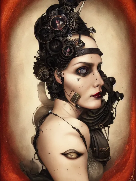 Prompt: a steampunk portrait of a hideous woman with shadowy eyes and bonewhite hair, with black glossy lips, hyperrealistic, award-winning, in the style of Tom Bagshaw, Cedric Peyravernay, Peter Mohrbacher