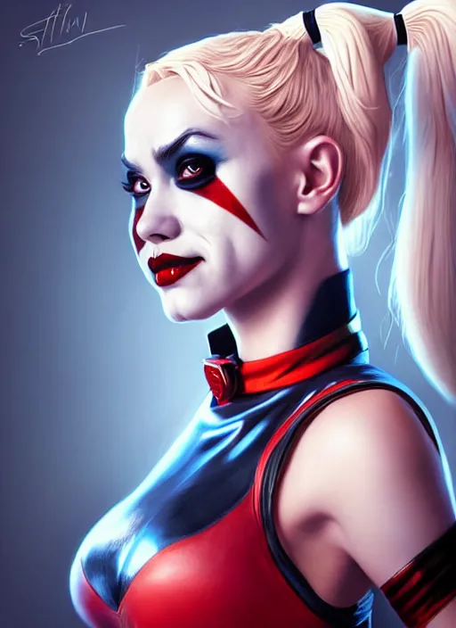 Image similar to high angle photo of harley quinn in the style of stefan kostic, realistic, sharp focus, 8 k high definition, insanely detailed, intricate, elegant, art by stanley lau and artgerm