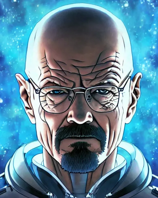 Image similar to portrait of walter white as a robot, cybernetic enhancements, art by makoto shinkai and alan bean, yukito kishiro