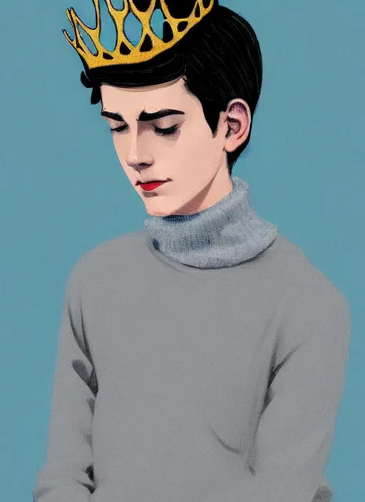 Image similar to portrait of teenage jughead jones wearing a light grey crown, crown, blue turtleneck, 1 9 5 0 s, closed eyes, photorealistic, black hair, glowing lighting, intricate, elegant, glowing lights, highly detailed, digital painting, artstation, concept art, smooth, sharp focus, illustration, art by wlop, mars ravelo and greg rutkowski