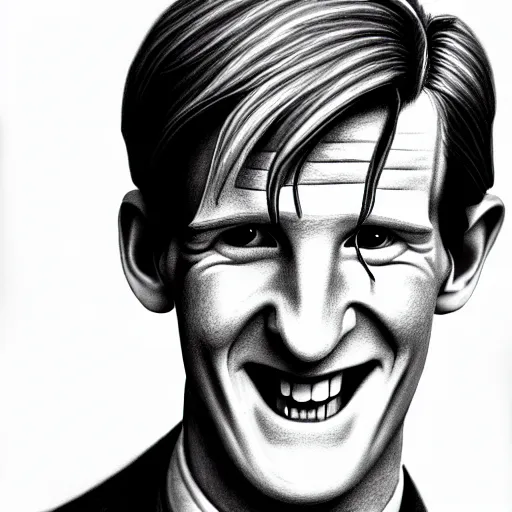 Image similar to beautiful lifelike award winning pencil illustration of the 1 1 th doctor matt smith smiling, whole body cinematic atmospheric, highly detailed, beautiful and realistic faces