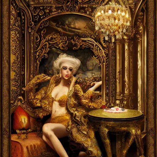 Image similar to Neo Rococo Expressionist, orientalism, diffuse lighting, fantasy, intricate, elegant, highly detailed, lifelike, photorealistic, digital painting, artstation, illustration, concept art, smooth, sharp focus, The City of Lisbon in a luxurious lavish cake shop, art by John Collier and Albert Aublet and Krenz Cushart and Artem Demura and Alphonse Mucha