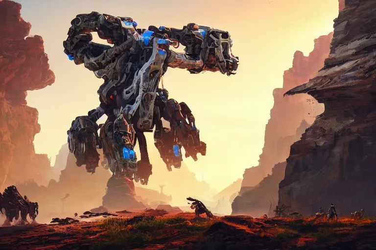 Image similar to rockbreaker machine mecanical creature robot of horizon forbidden west horizon zero dawn radiating a glowing aura global illumination ray tracing hdr fanart arstation by ian pesty and alena aenami artworks in 4 k