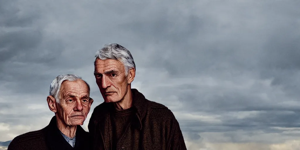 Prompt: portrait of a handsome old man and his son on top of a mountain overlooking a small village with moody lighting golden hour highly detailed sharp zeiss lens 1. 8 high contrast wolfgang tillmans ryan mcginley david armstrong robert mappelthorpe deanna lawson