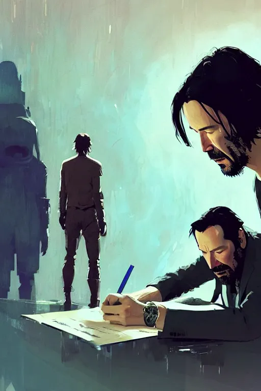 Prompt: A movie still of Keanu Reeves signing divorce papers while crying. Ewan McGregor observing from the foreground by ismail inceoglu, craig mullins, can basdogan, frank frazetta, mike franchina, ariel perez, bar tosz domiczek, iain mccaig, Breath of the wild, studio ghibli