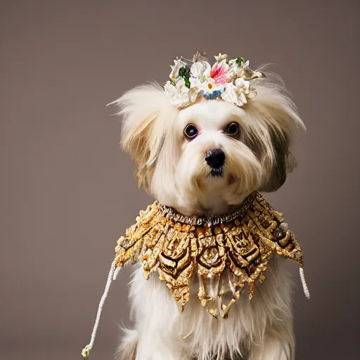 Image similar to cream - colored havanese dog wearing an ornate african necklace, a headpiece made from flowers, soft light colored background, intriguing pose, photo by tyler mitchell