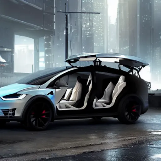 Image similar to tesla model x as an armored vehicle in a cyberpunk world