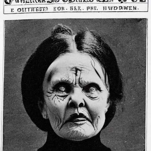 Image similar to black and white grainy newspaper photo from 1898 of an old scary woman in black suit, horror, high detail