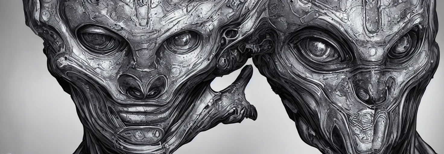 Image similar to engineer alien face by Artgerm, alien, highly detailed, symmetrical long head, smooth marble surfaces, detailed ink illustration, raiden metal gear, cinematic smooth stone, deep aesthetic, concept art, post process, 4k, carved marble texture and silk cloth, latex skin, highly ornate intricate details, moody lighting, hr geiger, hayao miyazaki, by Artgerm