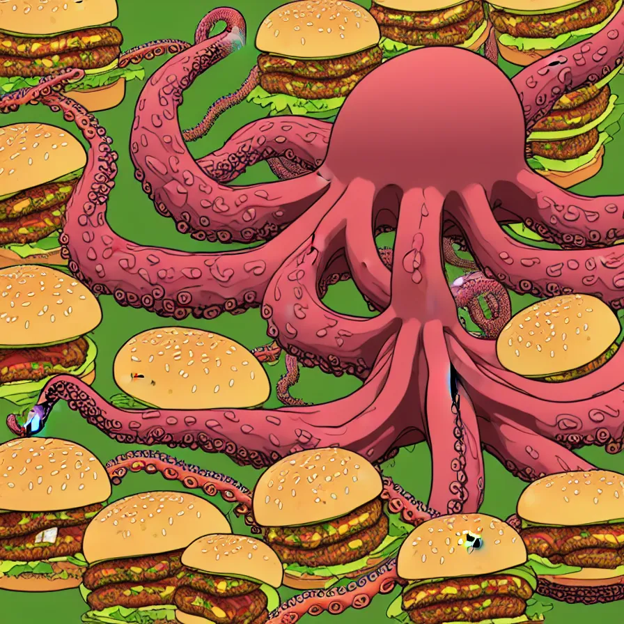 Image similar to ultra detailed anatomic illustration of a giant octopus holding many burgers, tentacles wrapped around burgers, artstation, 8 k