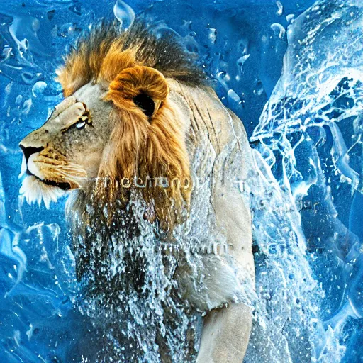 Image similar to a male lion's face breaching through a wall of water, water sprites, splashing, deep blue water color, highly detailed