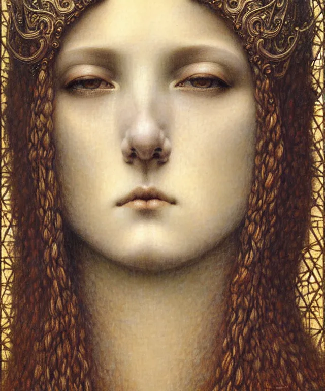 Image similar to detailed realistic beautiful young medieval queen face portrait by jean delville, gustave dore and marco mazzoni, art nouveau, symbolist, visionary, gothic, pre - raphaelite. horizontal symmetry