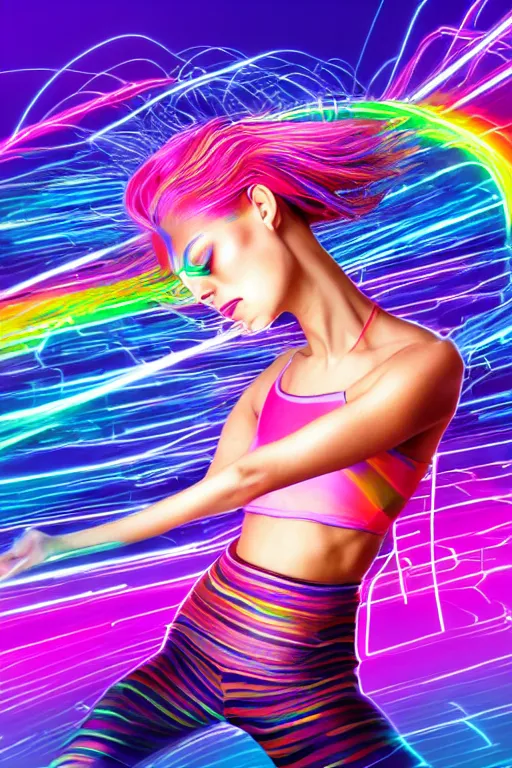 Image similar to a award winning half body portrait of a beautiful woman with stunning eyes in a croptop and leggings with rainbow colored ombre hairstyle head in motion and hair flying while dancing by thomas danthony, surrounded by whirling illuminated lines, outrun, vaporware, shaded flat illustration, digital art, trending on artstation, highly detailed, fine detail, intricate