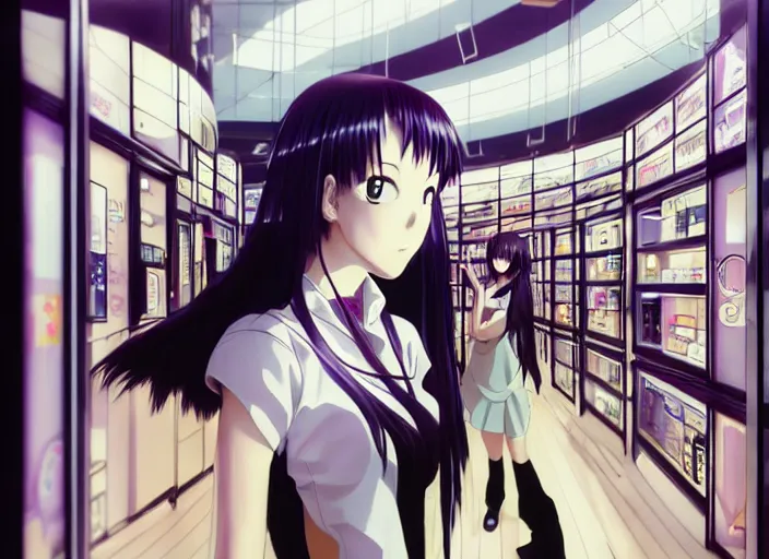 Image similar to lomography, anime, portrait of a young woman in a samsung shop interior shopping, glowing, haruhiko mikimoto, hisashi eguchi, lodoss, dynamic pose and perspective, dramatic lighting, detailed facial features, rounded eyes, sharpened image, yoshinari yoh