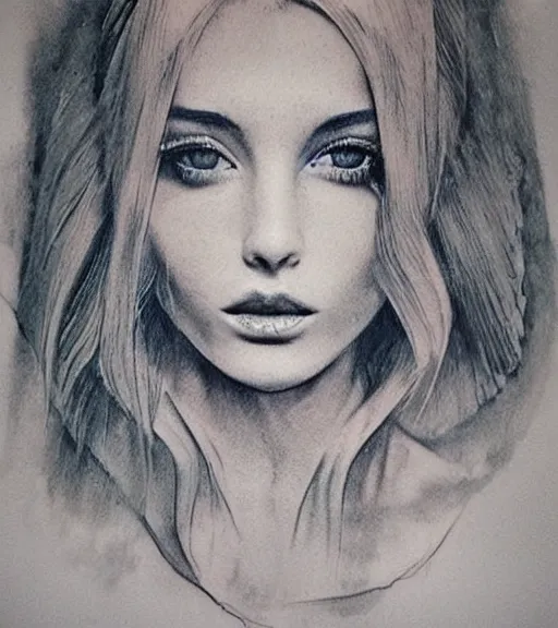 Image similar to tattoo design sketch of an extremely beautiful woman face, faded background of beautiful mountains on her side, hyper - realistic, double exposure effect, in the style of matteo pasqualin, amazing detail, black and white, faded