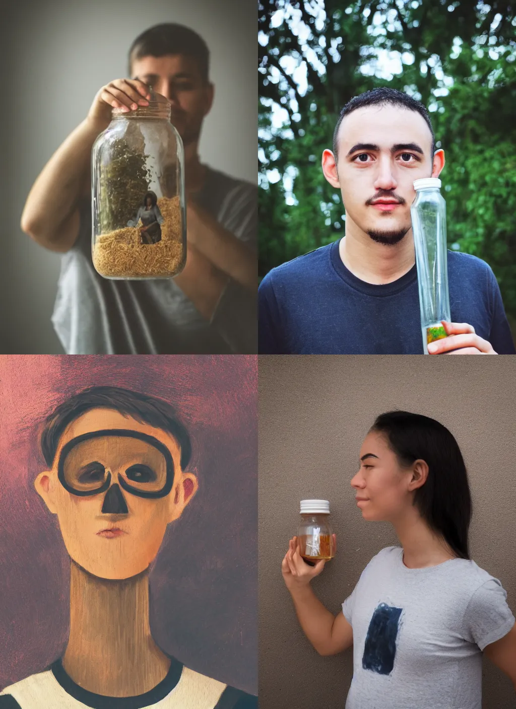 Prompt: portrait photo of a person with a jar instead of a head