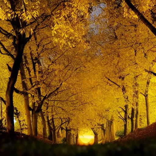 Image similar to Autumn night, Full moon,, path surrounded by trees with yellow leafs, beautiful