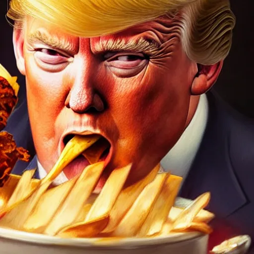 Image similar to donald trump eating a kebab, closeup, d & d, fantasy, intricate, elegant, highly detailed, digital painting, artstation, concept art, matte, sharp focus, illustration, art by artgerm and greg rutkowski and alphonse mucha