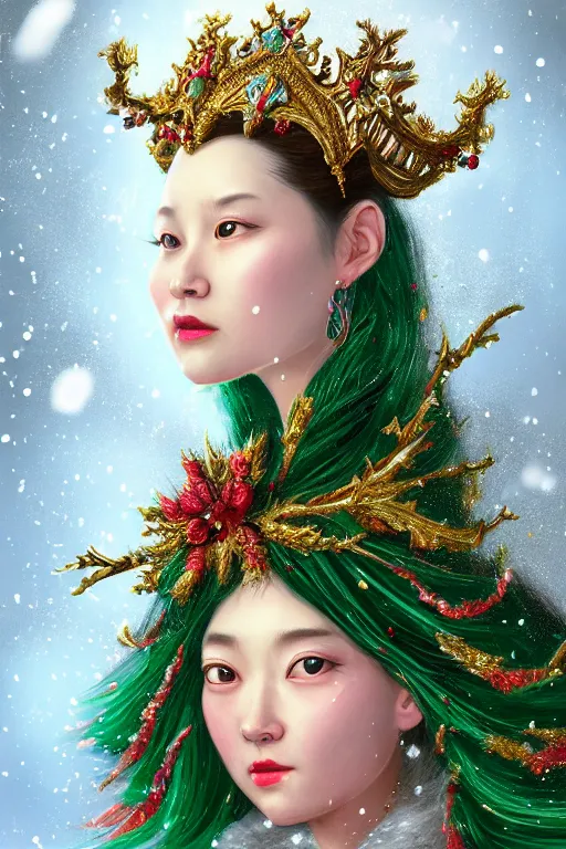 Image similar to a beautiful empress portrait, with a brilliant, impossible striking big Christmas tree headpiece, Santa clothes, everything Christmas, snow, Christmas ornaments, symmetrical, dramatic studio lighting, rococo, baroque, greens, asian, hyperrealism, closeup, D&D, fantasy, intricate, elegant, highly detailed, digital painting, artstation, octane render, 8k, concept art, matte, sharp focus, illustration, art by Artgerm and Greg Rutkowski and Alphonse Mucha