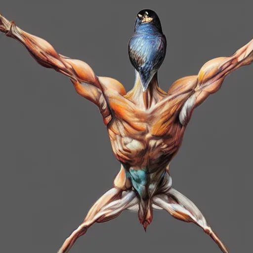 Prompt: a bird, Gor, a human body, two strong arms hyper realism