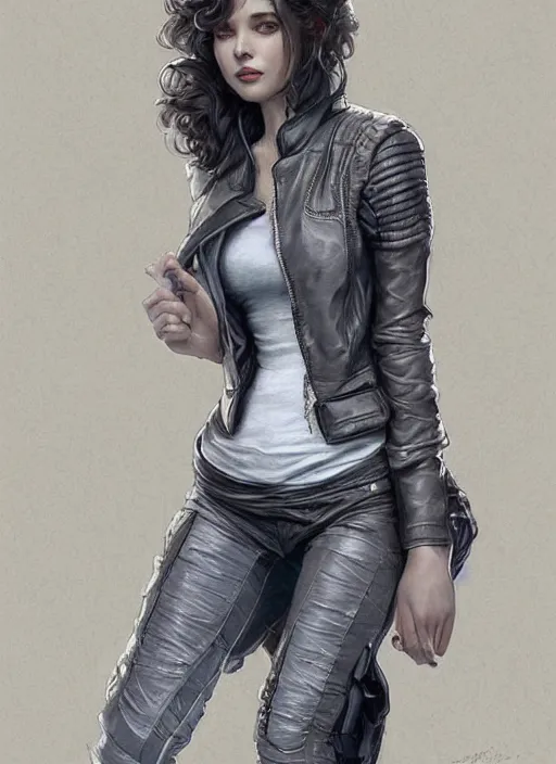 Prompt: girl in very short white! top and very short gray! leather jacket, open belly, long dark curly hair, high waist sweatpants, intricate, elegant, highly detailed, digital painting, artstation, concept art, smooth, illustration, art by artgerm and greg rutkowski and alphonse mucha