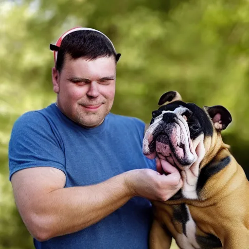 Image similar to a homless man holding an english bulldog wearing a crown