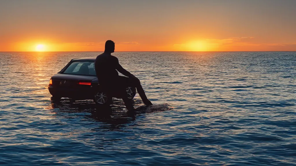 Image similar to a movie still of a man sitting on the roof of a car floating in the ocean at sunset, golden hour