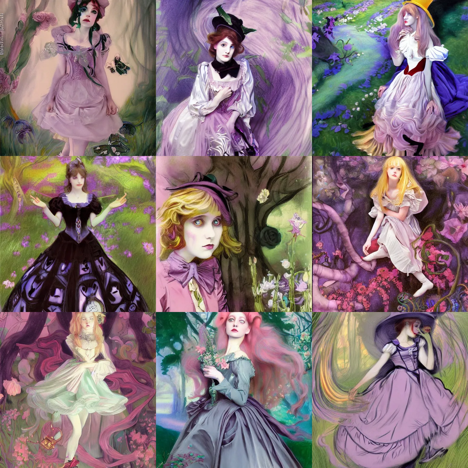 Prompt: Alice in Wonderland, in the style of John singer Sargent, inspired by pastel goth, shoujo manga, pre-raphaelite paintings, photorealistic art, hyper detailed