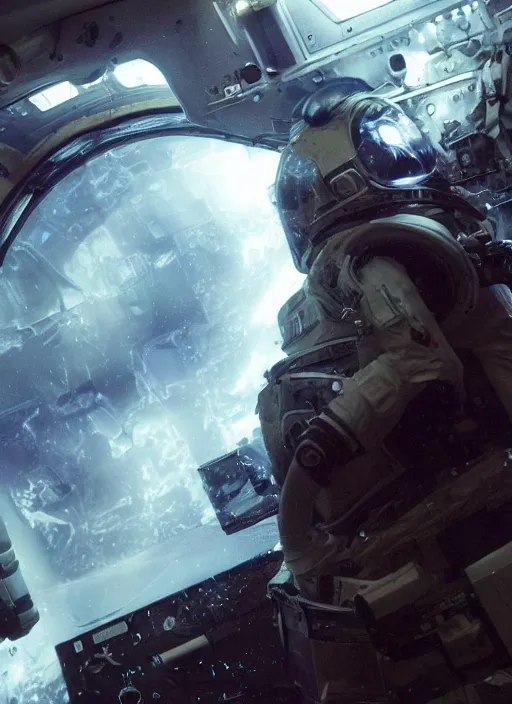 Image similar to concept art by craig mullins astronaut in futuristic dark and empty spaceship underwater. infrared glowing lights. complex and hyperdetailed technical suit. reflection and dispersion materials. rays and dispersion of light. volumetric light. 5 0 mm, f / 3 2. noise film photo. flash photography. unreal engine 4, octane render. interstellar movie art