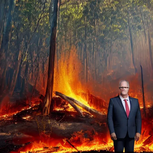 Image similar to Prime Minister Scott Morrison in front of a forest fire, not holding a hose, smoke, , cinematic, hyper realism, high detail, vivid colors, octane render, unreal engine, 8k, koala bear in tree