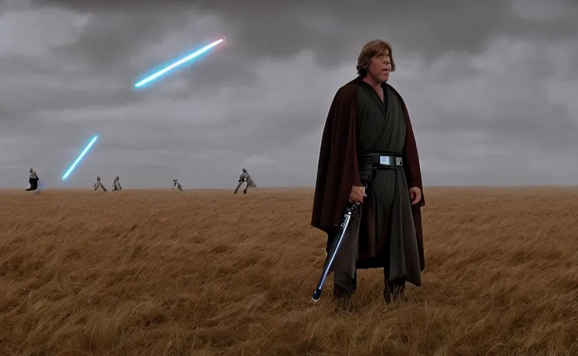 Image similar to screenshot portrait of Luke Skywalker on a windy field, with new jedi army behind him, iconic scene from 1980s film by Stanley Kubrick, last jedi, 4k HD, cinematic lighting, beautiful portrait of Mark Hammill, moody scene, stunning cinematography, anamorphic lenses, kodak color film stock