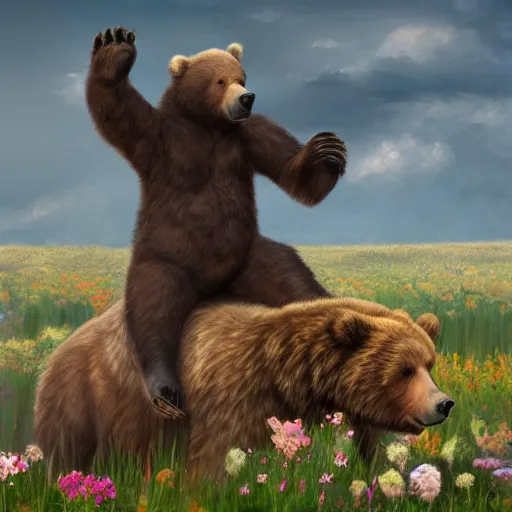 Image similar to girl riding a giant grizzly bear in a field of flowers, trending on artstation