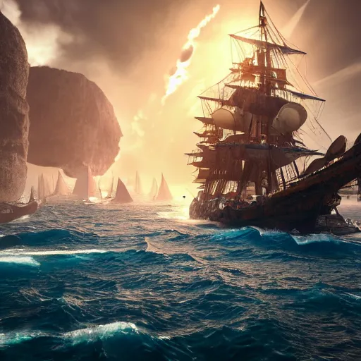 Image similar to ancient ship battle, highly detailed, photorealistic portrait, bright studio setting, studio lighting, crisp quality and light reflections, unreal engine 5 quality render