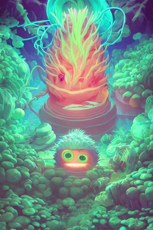 Image similar to roots cactus sushi cristal smurf ghost creature animal sushi cristal very big eye roots cactus elemental flush of force nature micro world fluo fishscale, behance hd by jesper ejsing, by rhads, makoto shinkai and lois van baarle, ilya kuvshinov, rossdraws radiating a glowing aura global illumination ray tracing hdr