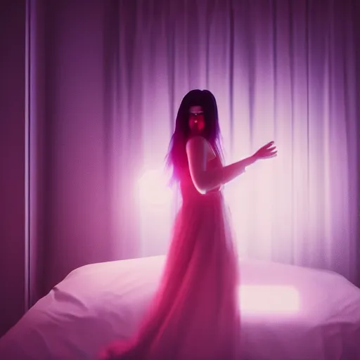 Image similar to photo of a lonely woman wearing a gown dancing in her bedroom during the night, cyberpunk, neon, very detailed, soft lights, depth of field, unreal engine 5, heavy grain, detailed face